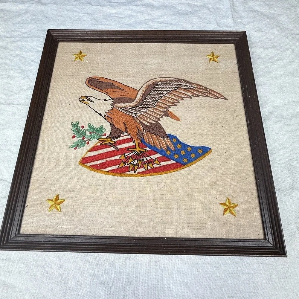 Vintage Hand Embroidered Bald Eagle American Flag Framed Wall Art Americana Folk